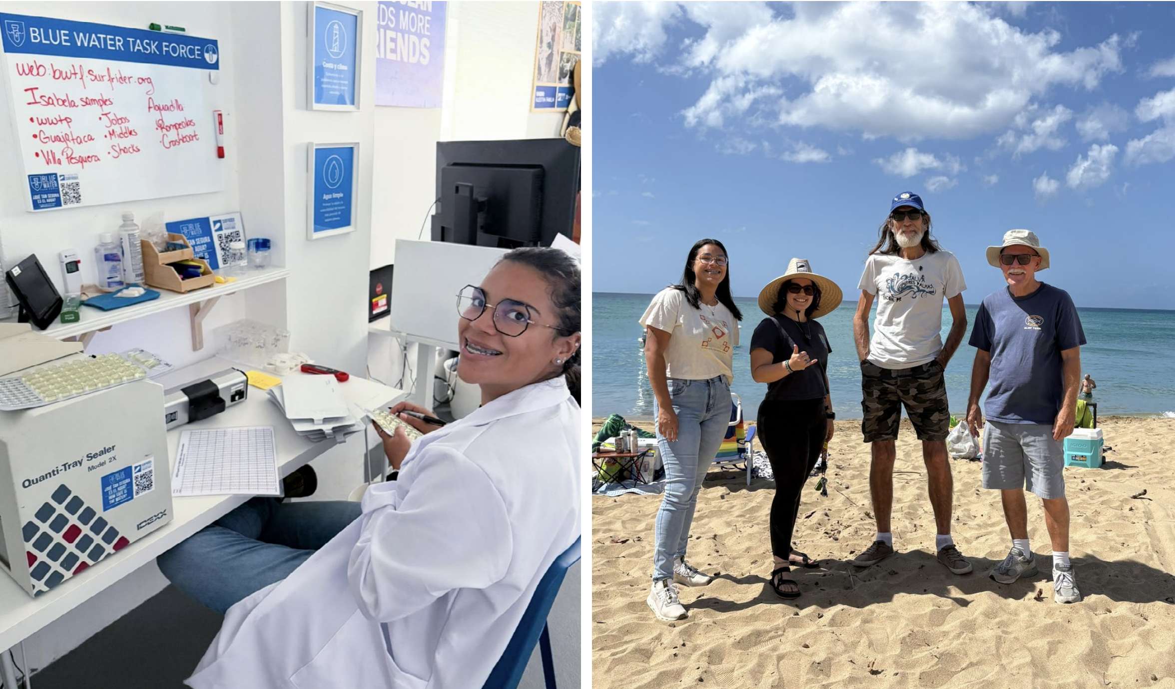 Left: Processing samples in the new Isabela lab. Right: Rincón and Isabela BWTF volunteers at Playa Lala.