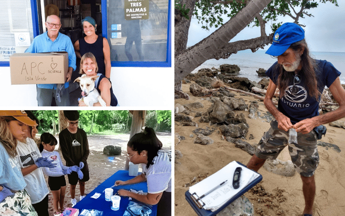 Top Left: Rincón Chapter volunteers prepare water testing supplies for BWTF partners at Arrecifes Pro Ciudad. Bottom Left: BWTF Coordinator, Sailyn Cordero, demonstrates basic water chemistry for local students. Right: Rincón BWTF volunteer lead, Steve Tamar, collects a water sample at the Reserva Marina Tres Palmas.