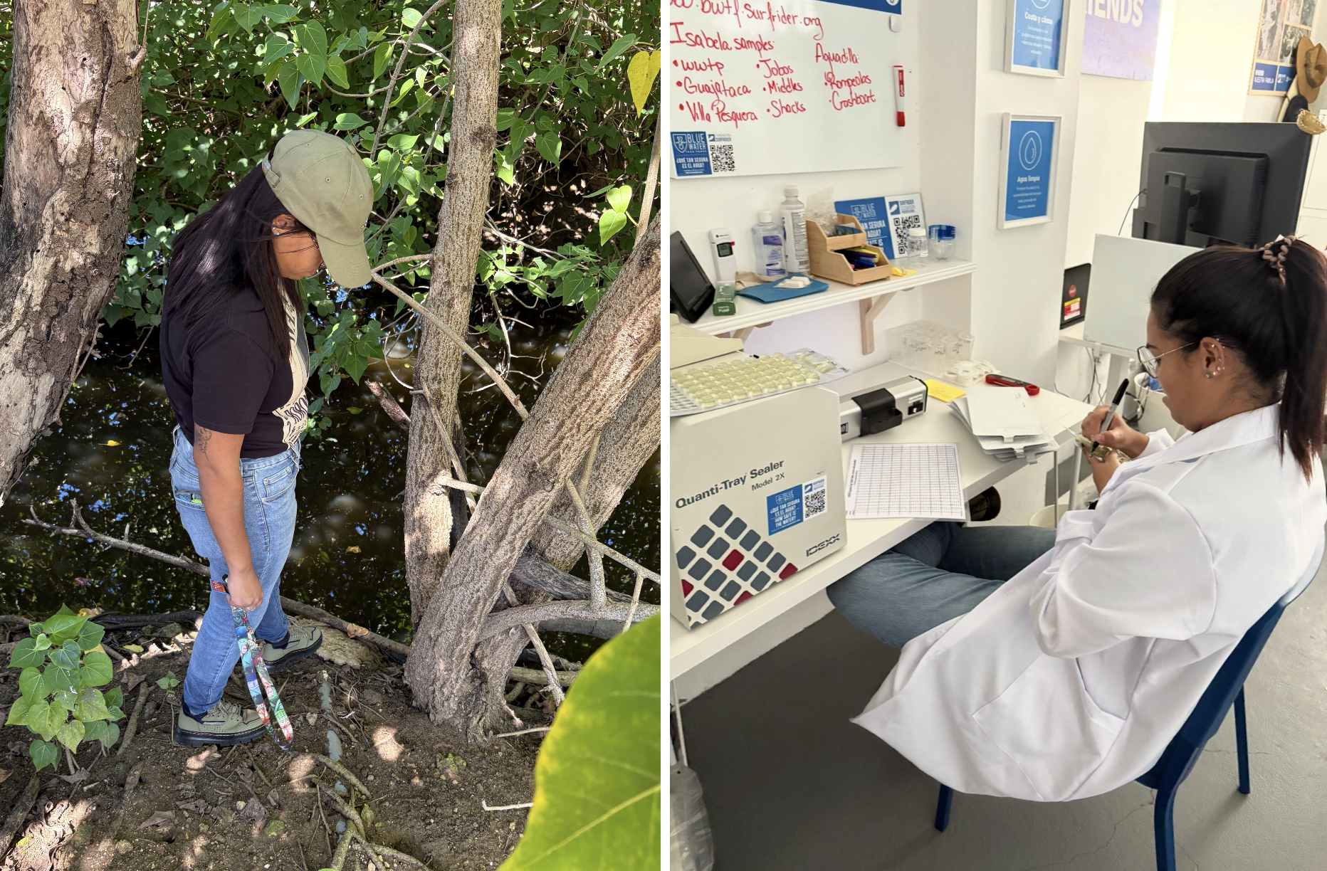 Puerto Rico Blue Water Task Force Coordinator, Sailyn Cordero, pointing out the illegal pipe (left) and processing bacteria samples in the lab (right).
